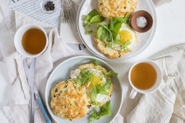 Bacon-Cheddar Scone with Sunny-Side Up Farm Egg & Spicy Greens