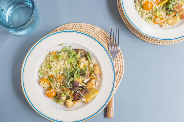 Summer Tofu Saute with Bulgur, Cashews & Sweet Garlic Dressing