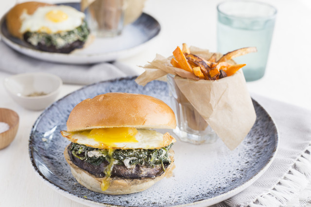 Portobello Mushroom and Farm Egg Sandwich with Spinach Goat Cheese and Sweet Potato Fries