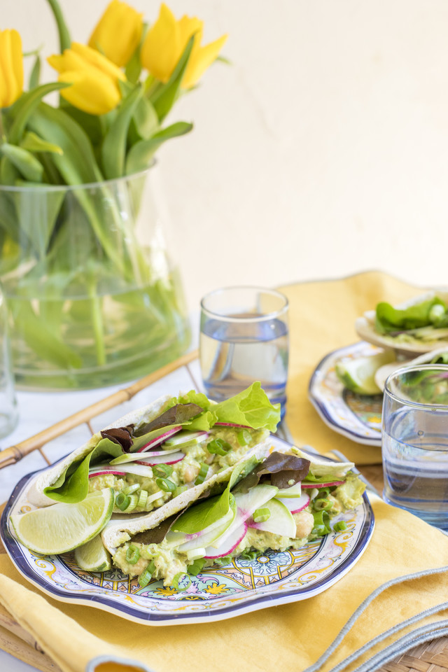 Chickpea & Avocado Stuffed Pita Pocket with Radish & Green Onion